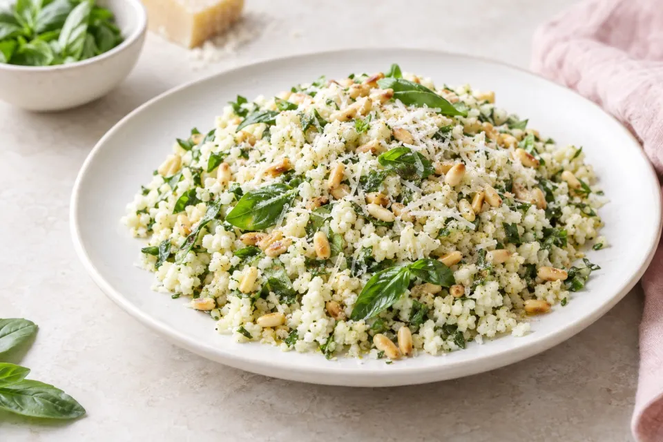Cauliflower Rice with Basil, Parmesan, and Pine Nuts