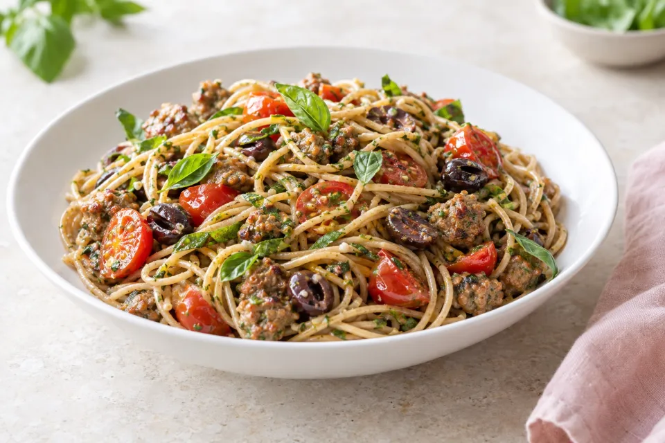 Whole Wheat Spaghetti Salad with Italian Sausage, Tomatoes, Olives, and Basil Vinaigrette