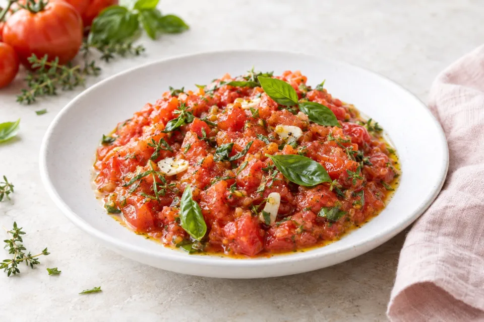 Garden Tomato No-Cook Sauce with Garlic, Basil, and Thyme