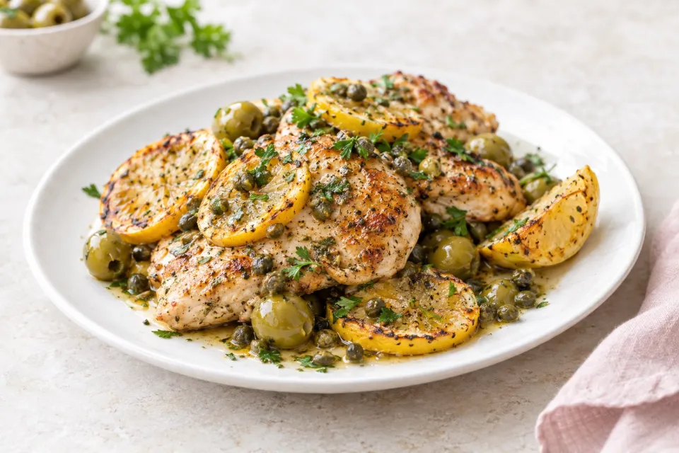 Low-Carb Skillet Chicken with Roasted Lemons, Green Olives, and Capers