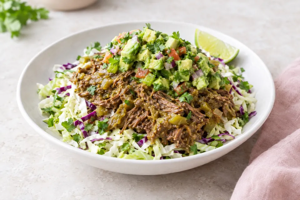 Green Chile Shredded Beef Cabbage Bowl with Avocado Salsa