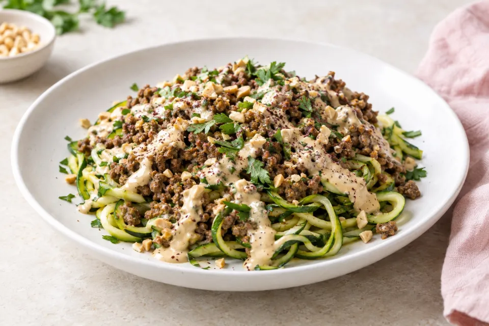 Middle Eastern Ground Beef Zoodles with Peanut-Tahini Sauce