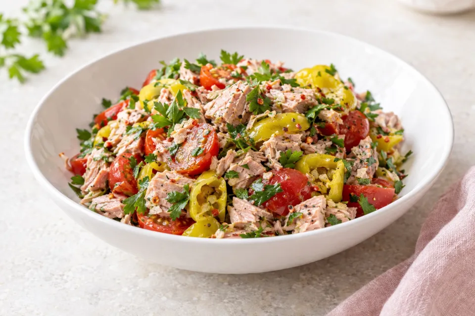 Spicy Tuna Salad with Peperoncini, Tomatoes, and Parsley