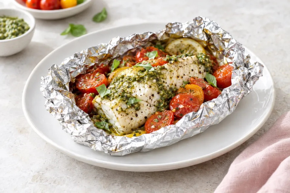 Foil-Wrapped Grilled Fish Packets with Pesto and Tomatoes