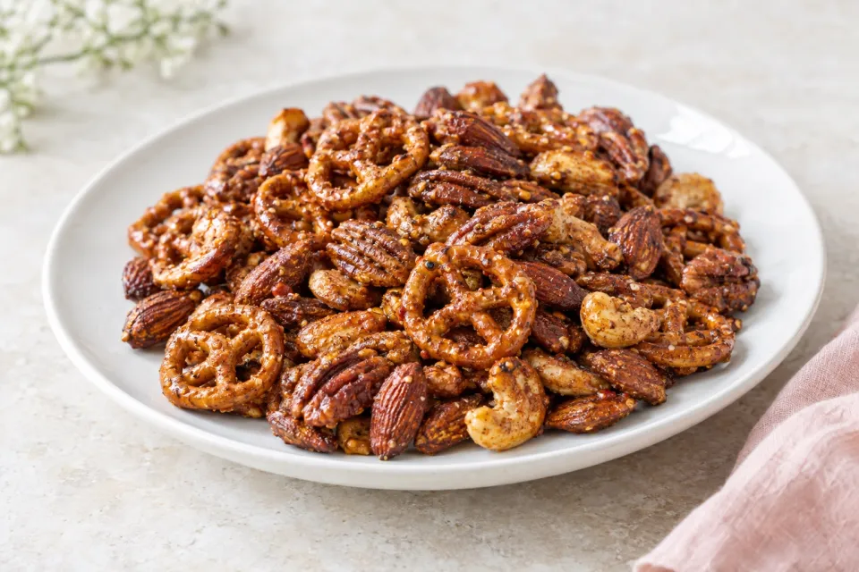 Spiced Glazed Nuts and Pretzel Mix