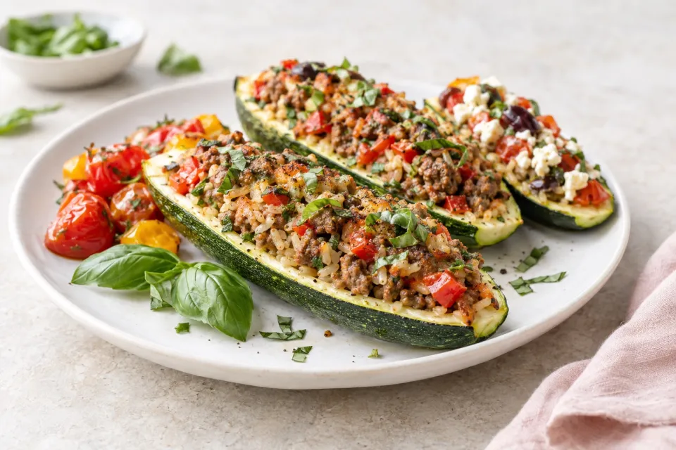 Stuffed Zucchini with Brown Rice, Ground Beef, Red Pepper, and Basil, with Variations