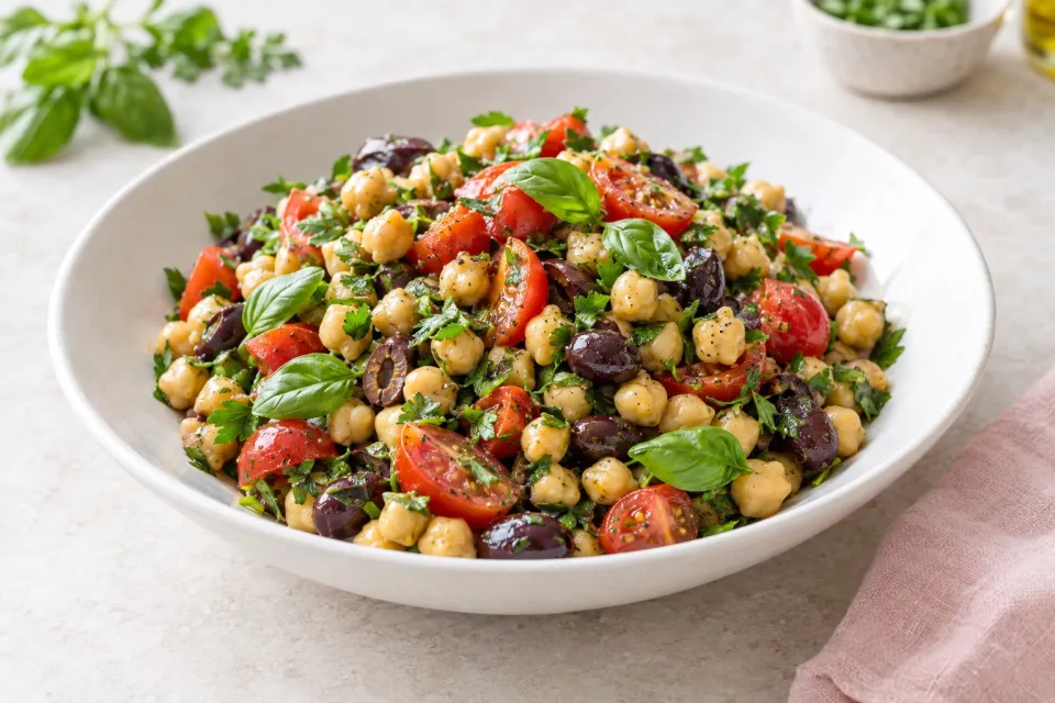 Chickpea Salad with Tomatoes, Olives, Basil, and Parsley