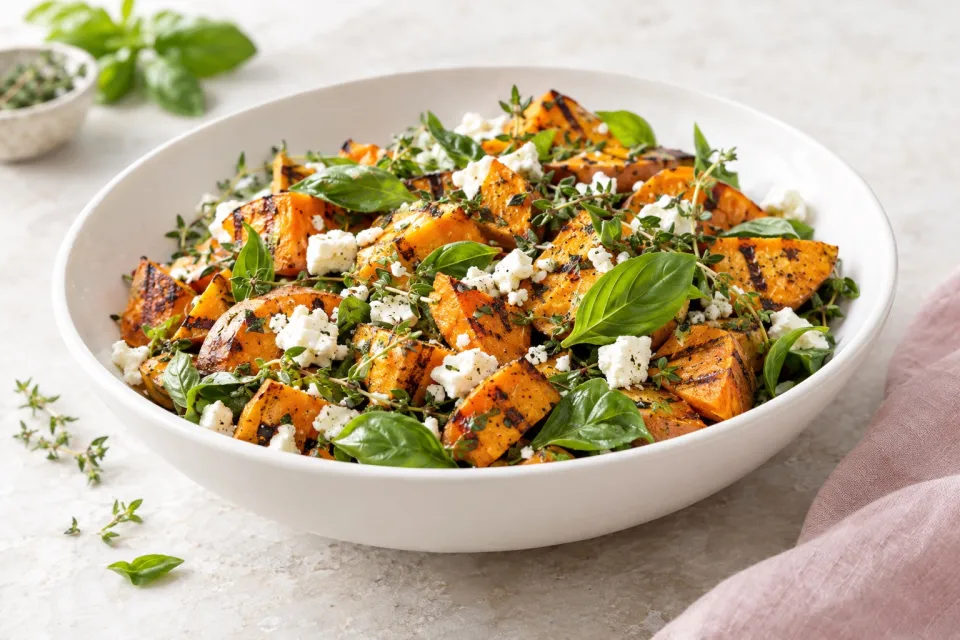 Grilled Sweet Potato Salad with Basil, Thyme, and Feta