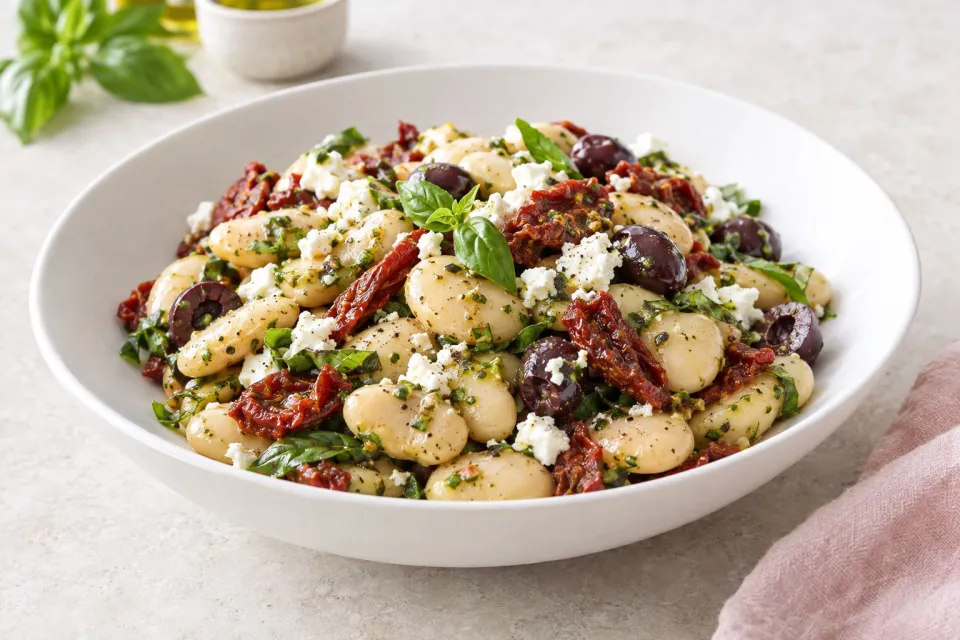 Butter Bean Salad with Sun-Dried Tomatoes, Kalamata Olives, Feta, and Basil Vinaigrette