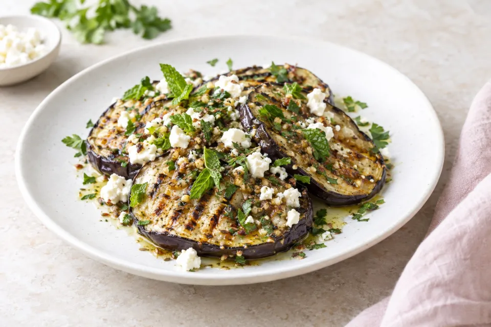 Grilled Eggplant with Garlic-Cumin Vinaigrette, Feta, and Herbs