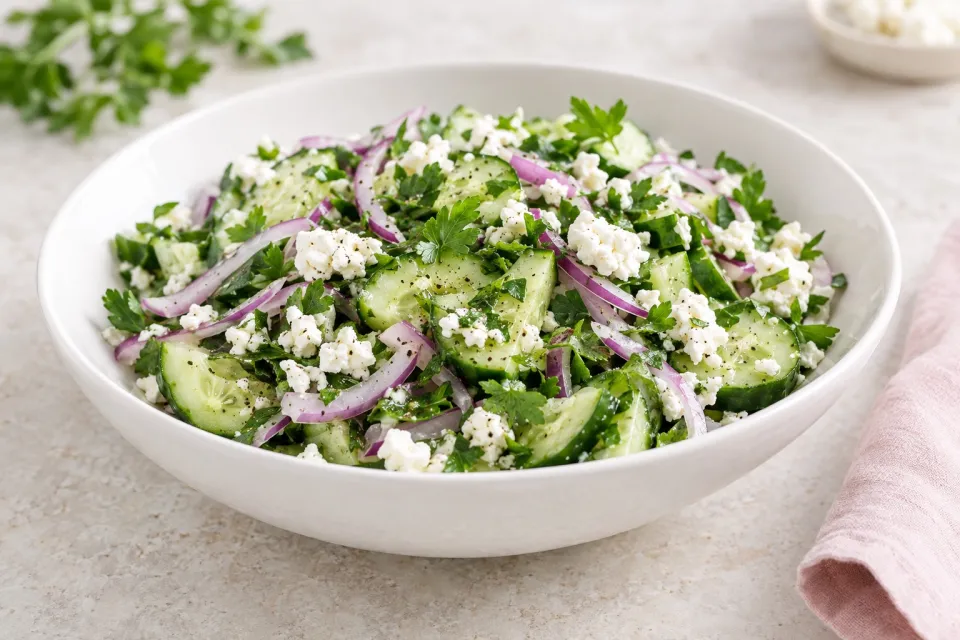 Cucumber, Onion, and Parsley Salad with Feta Cheese