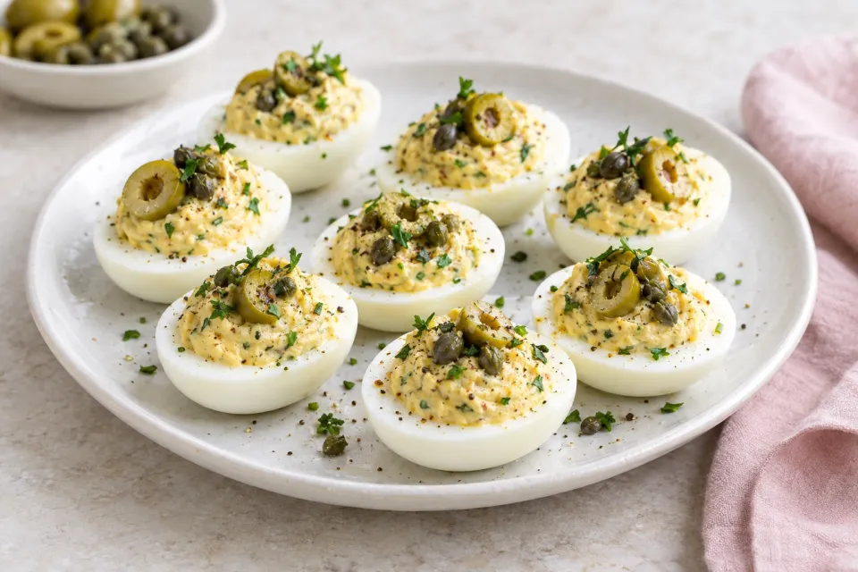 Deviled Eggs with Green Olives, Capers, and Dijon