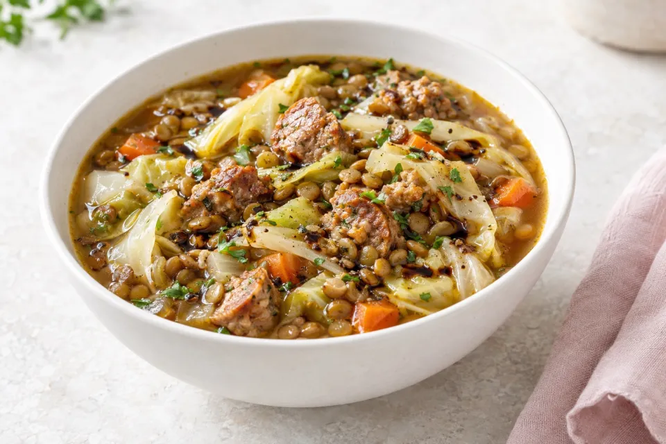 Lentil, Sausage, and Cabbage Soup with Balsamic Vinegar