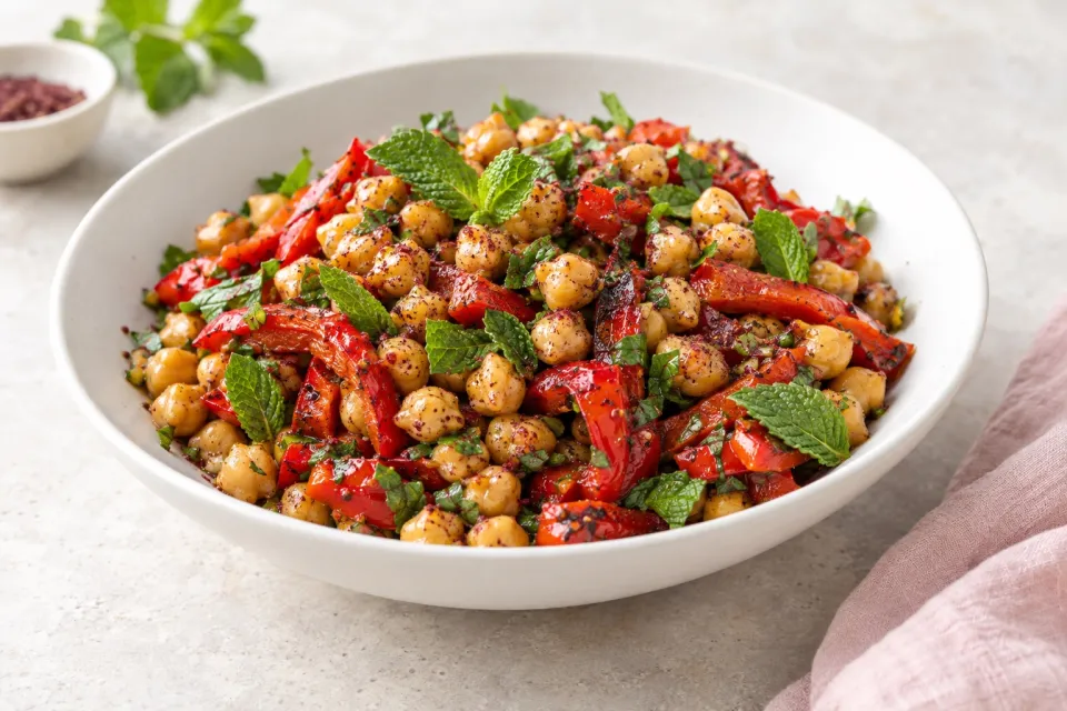 Sauteed Chickpea Salad with Roasted Red Peppers, Mint, and Sumac