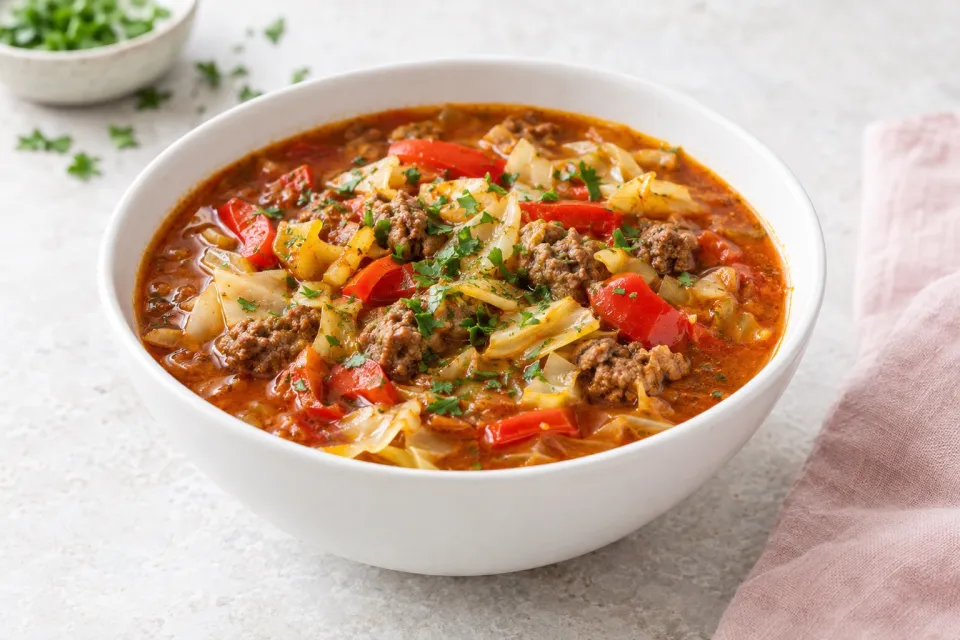 Low-Carb Goulash Soup with Red Peppers and Cabbage