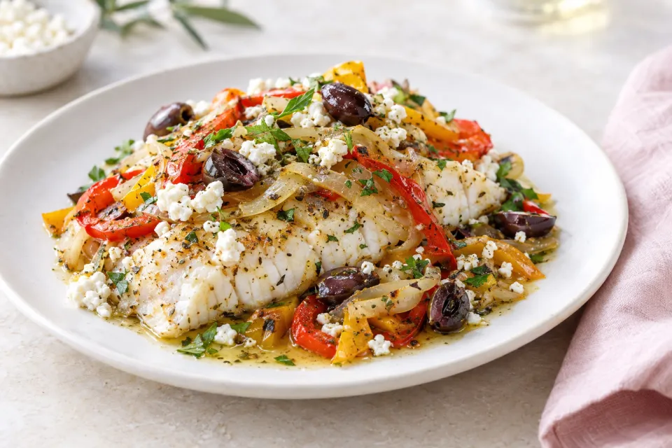 Baked White Fish with Onions, Peppers, Olives, and Feta
