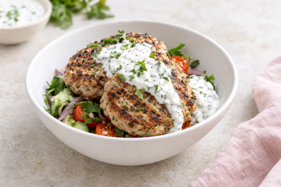 Grilled Middle Eastern Turkey Burgers with Yogurt Sauce