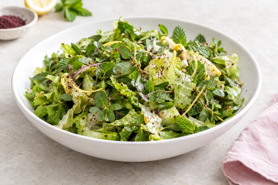Mediterranean Lettuce Salad with Purslane, Mint, and Sumac-Lemon Vinaigrette