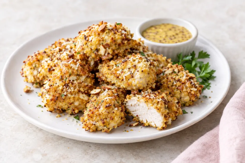 Low-Carb Baked Chicken Nuggets with Mustard, Almond, and Parmesan