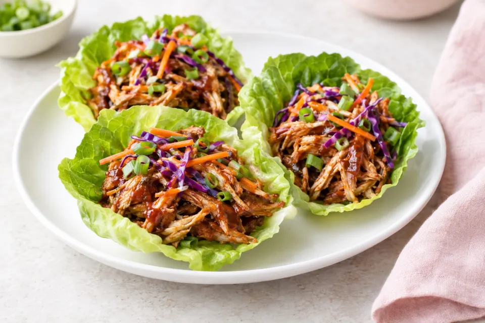 Slow Cooker Low-Sugar Barbecued Chicken Lettuce Cups