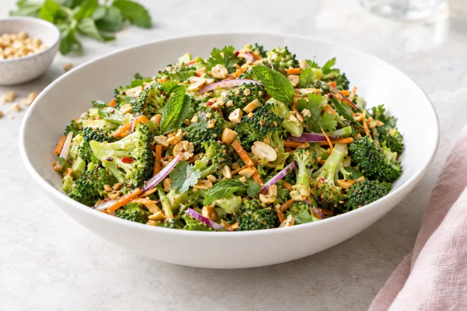Easy Thai-Flavored Raw Broccoli Salad with Mint and Peanuts