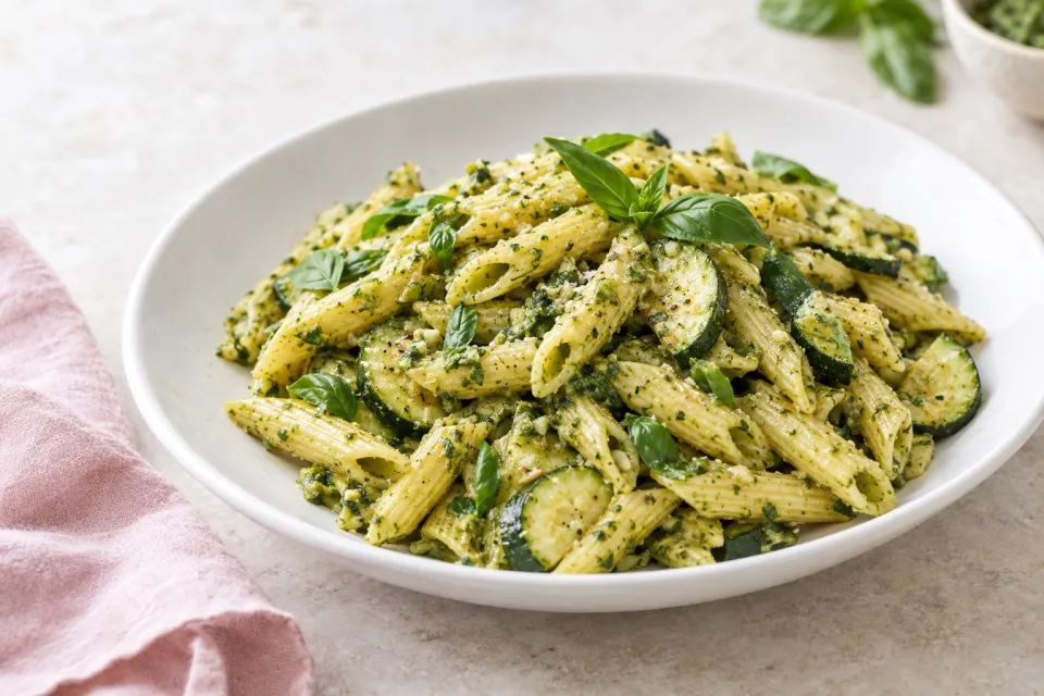 Easy Penne Pasta with Zucchini and Basil Pesto