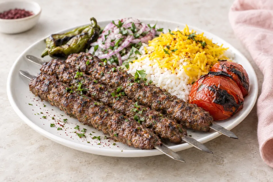 Kabob Kubideh or Grilled Ground Beef on Skewers with Middle Eastern Spices