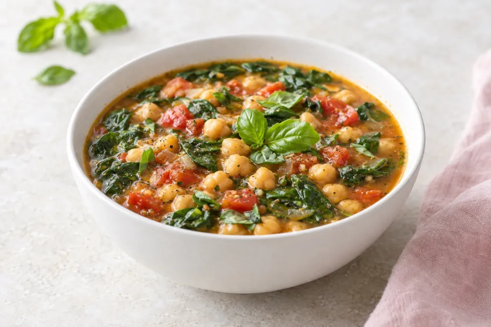 Chickpea Soup with Spinach, Tomatoes, and Basil