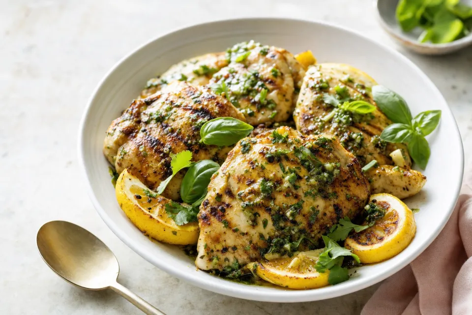 Mustard, Lemon, and Coriander Grilled Chicken Breasts with Lemon-Basil Vinaigrette