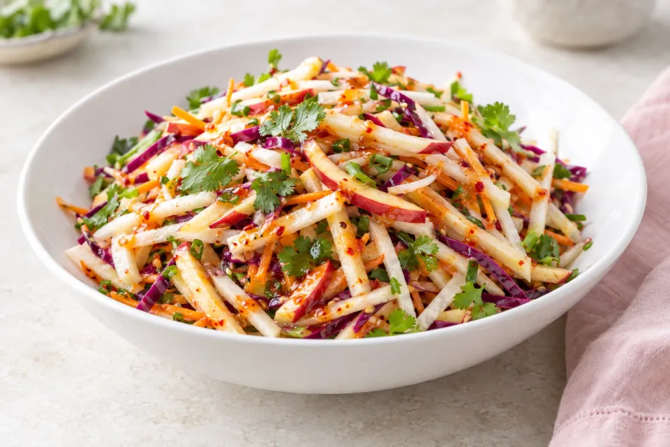 Apple -Jicama Slaw with Sweet and Spicy Sriracha Dressing