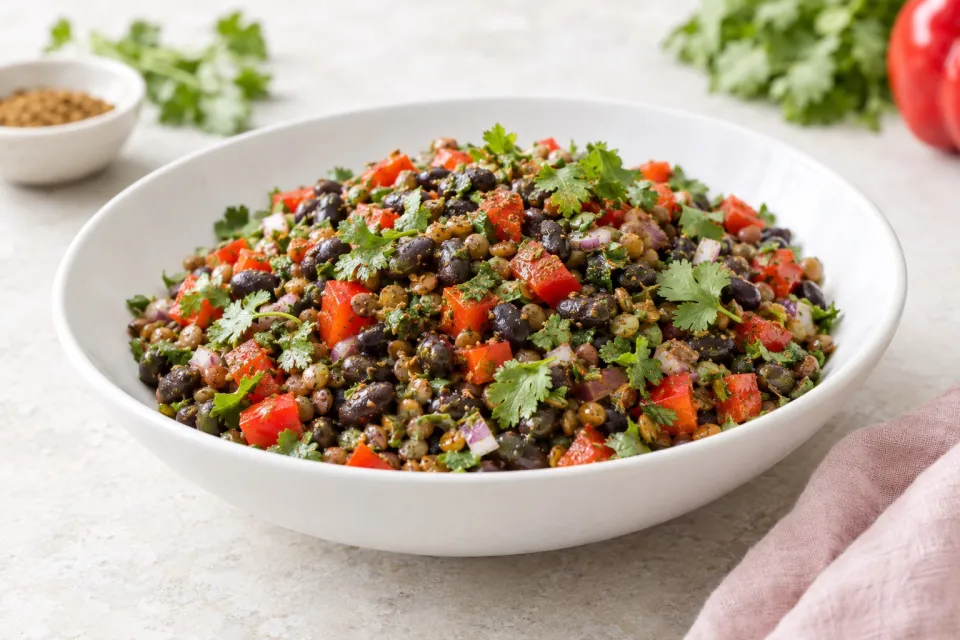 Black Bean and Lentil Salad with Red Bell Pepper, Cumin, and Cilantro