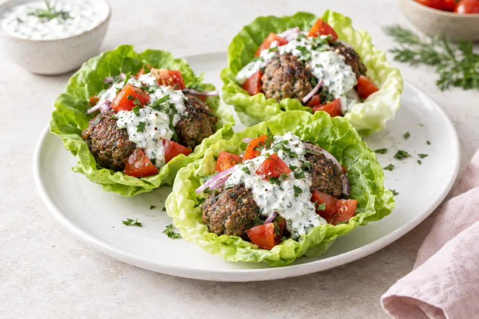 Ground Beef Gyro Meatball Low-Carb Lettuce Wraps with Tzatziki and Tomatoes