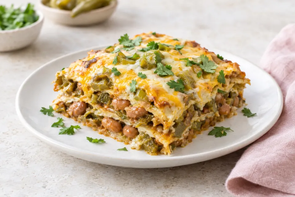 Vegetarian Green Chile and Pinto Bean Layered Mexican Casserole