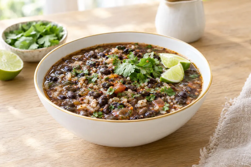 Slow Cooker Black Bean and Rice Soup with Lime and Cilantro