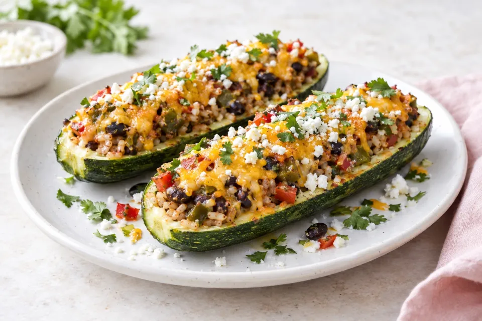 Vegetarian Stuffed Zucchini with Brown Rice, Black Beans, Chiles, Cheddar, and Cotija Cheese