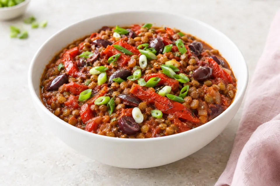 Vegan Lentil Chili with Roasted Red Peppers, Olives, and Green Onion