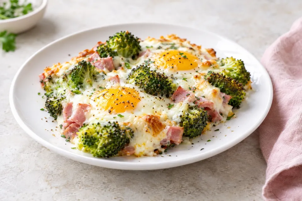 Low-Carb Broccoli, Ham, and Mozzarella Baked with Eggs