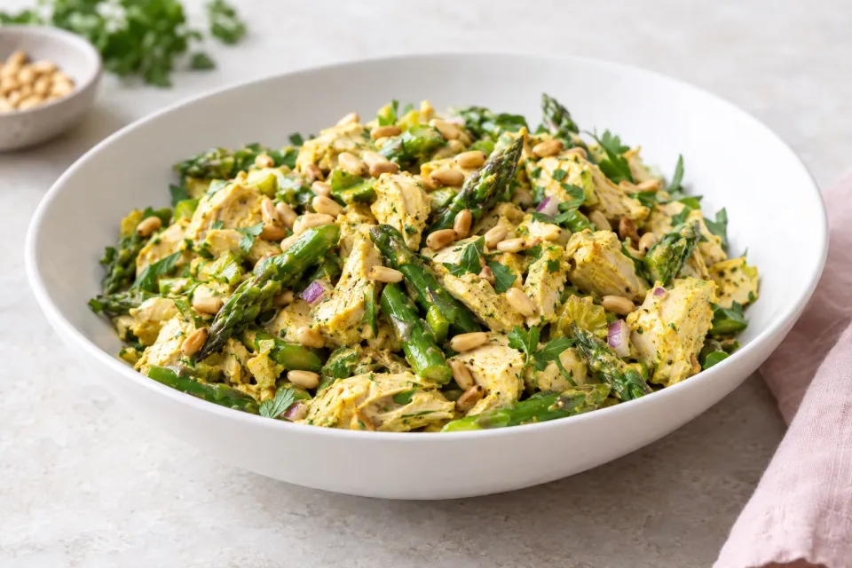Low-Carb Curried Chicken Salad with Asparagus and Pine Nuts