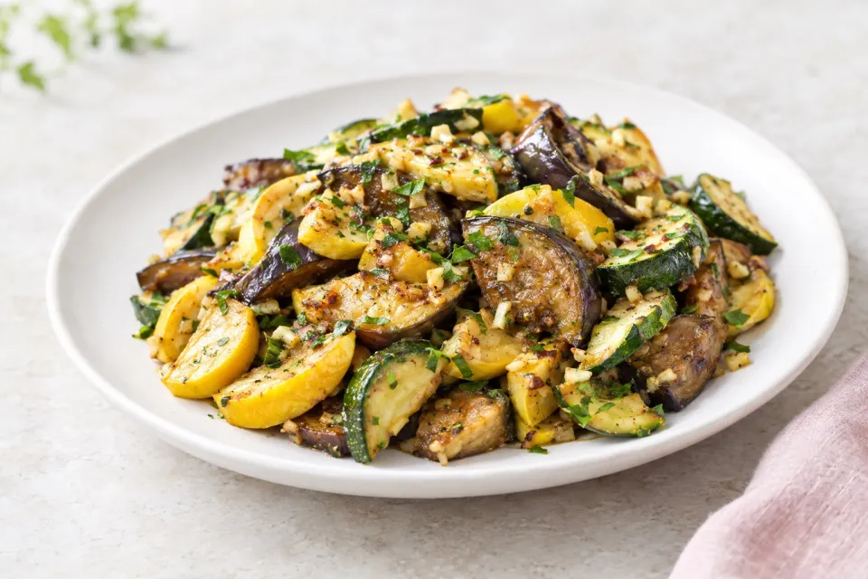 Garlic-Lover's Vegetable Stir Fry with Eggplant, Zucchini, and Yellow Squash