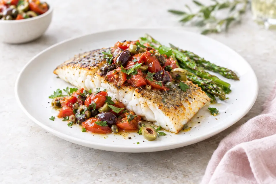 Low-Carb Roasted Barramundi with Tomato and Olive Relish