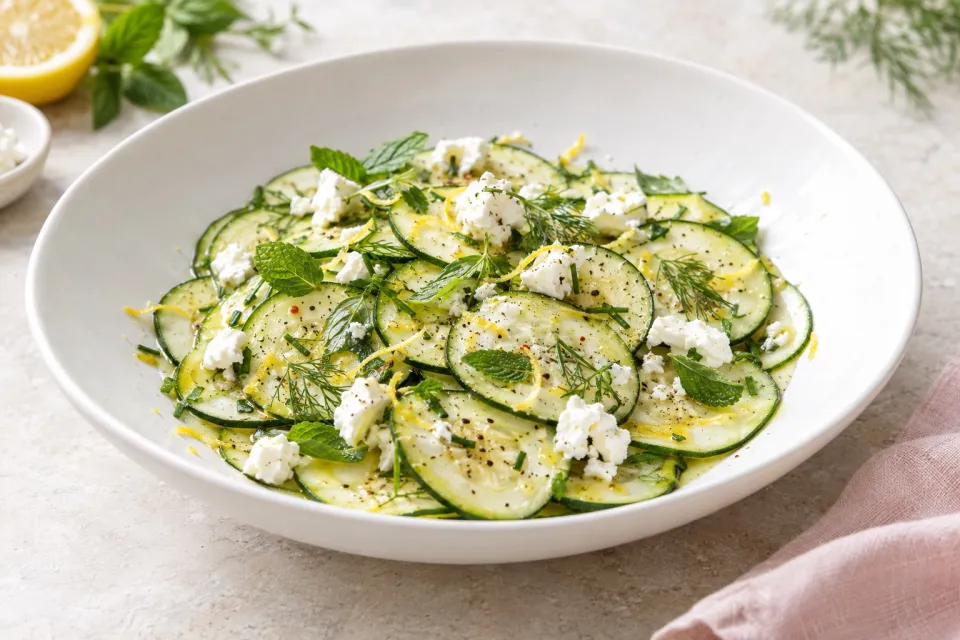 Zucchini Carpaccio or Raw Zucchini Salad with Lemon, Herbs, and Goat Cheese