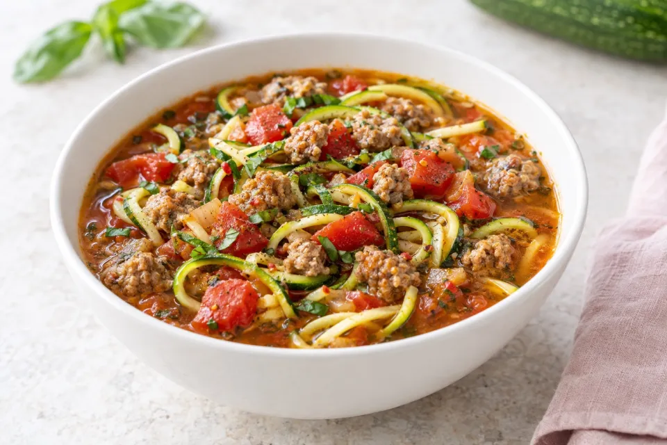 Low-Carb Italian Sausage Soup with Tomatoes and Zucchini Noodles