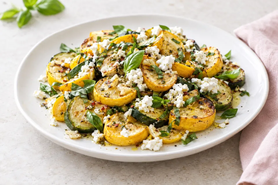 Roasted Summer Squash with Garlic, Feta Cheese, and Basil