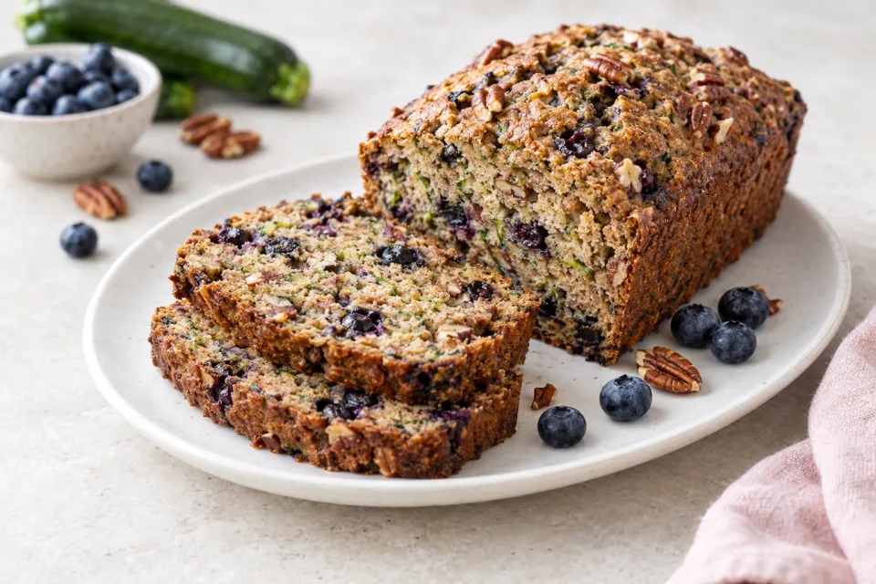 Low-Sugar and Whole Wheat Zucchini Bread with Blueberries and Pecans