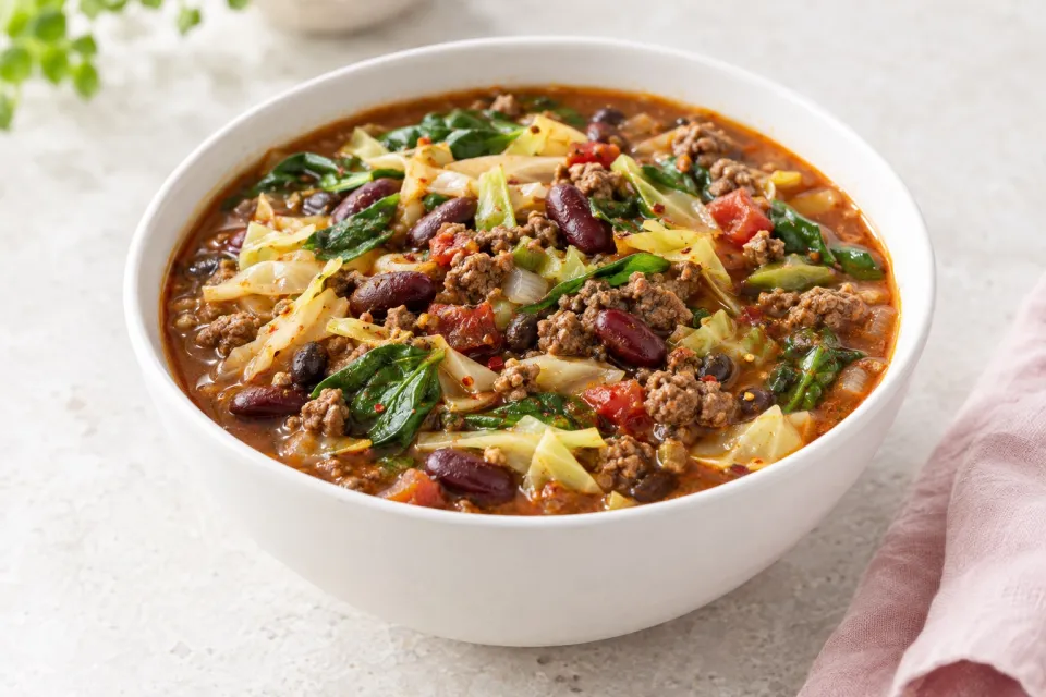 Slow Cooker Spicy Ground Beef and Bean Soup with Cabbage and Spinach