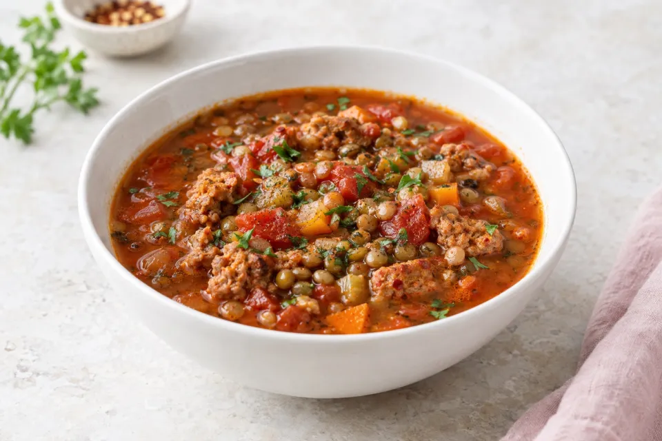Spicy Sausage, Lentil, and Tomato Soup