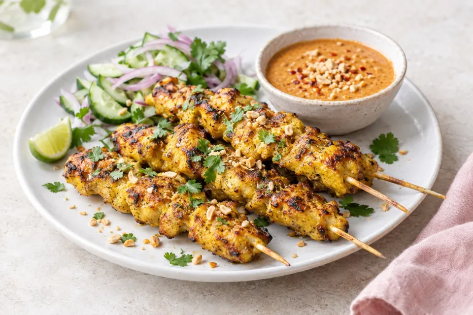 Grilled Curried Chicken Skewers with Spicy Peanut Sauce