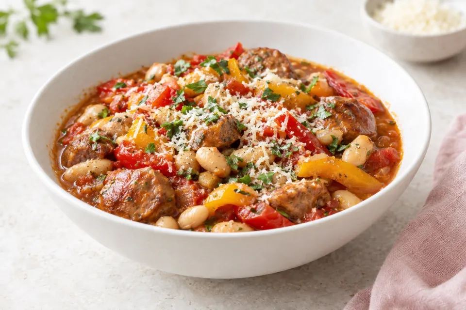 Crockpot Sausage, Peppers, and Cannellini Bean Stew with Parmesan