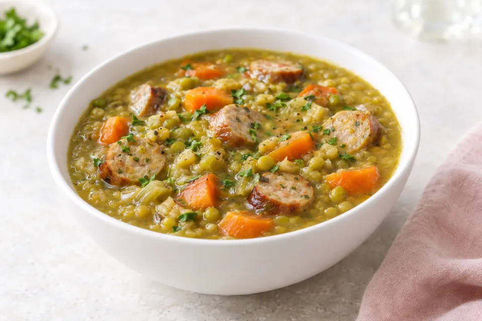 Slow Cooker Split Pea Soup with Chicken Sausage and Carrots