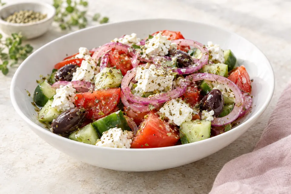 Greek Salad with Marinated Onions and Oregano